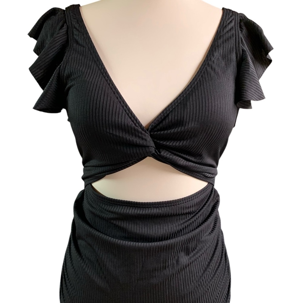 One piece, open front black ribbed suit, NWT, size M